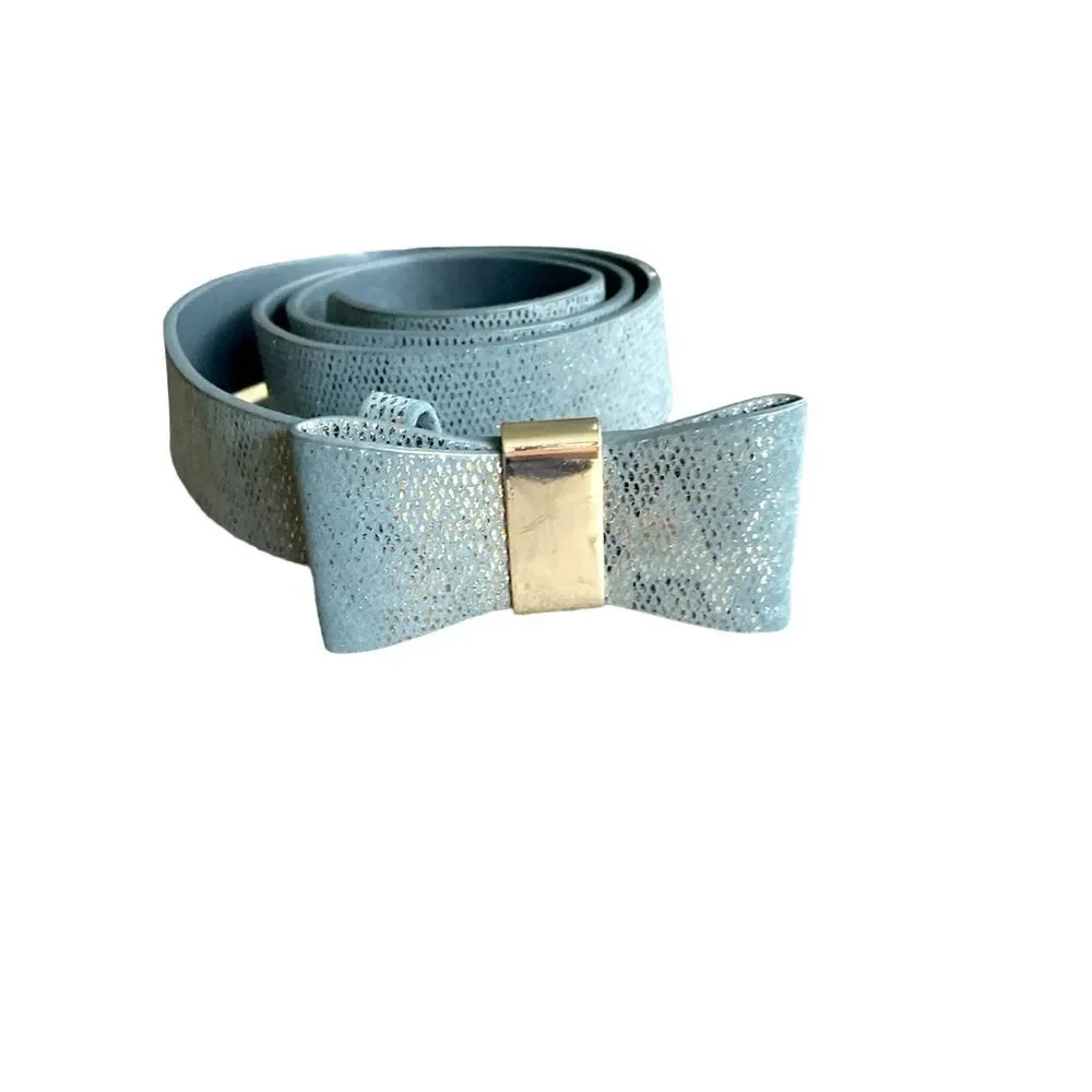 H &M Faux Leather Snake Skin Gray Gold Glitter Bow Belt #725950